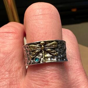 Dragonfly Silver and Gold Ring with Blue Gemstone